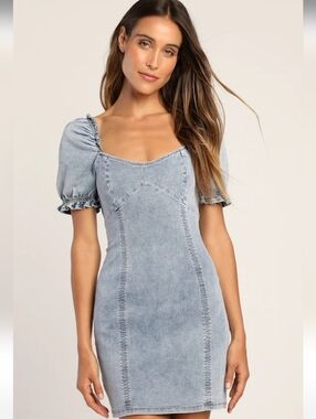 Lulu's Sweet Looking Light Wash Denim Puff Sleeve Mini Dress